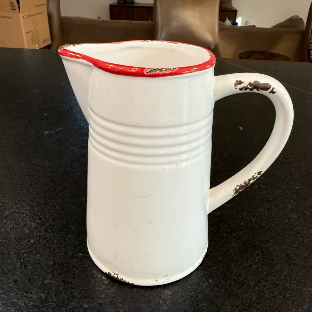 Vintage Ceramic White Pitcher with Red Rim